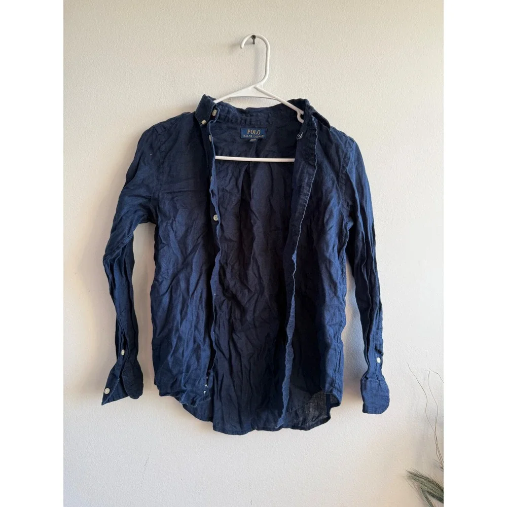 Polo Ralph Lauren Kids Navy Blue 100% Linen Button Down Shirt Size M 10-12